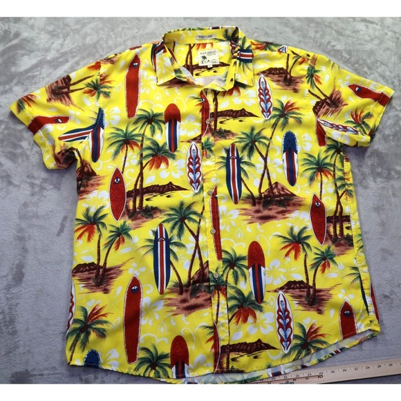 ALEX VANDO Yellow Hawaiian Surfboard Palm Tree Aloha Button Shirt 2XL Easy Care - Picture 2 of 6